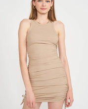 RACER NECK RUCHED MINI DRESS - TAUPE / S