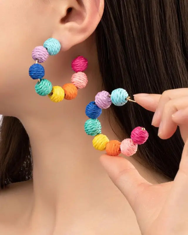 raffia straw ball hoop earrings - Multi / one size - Rings