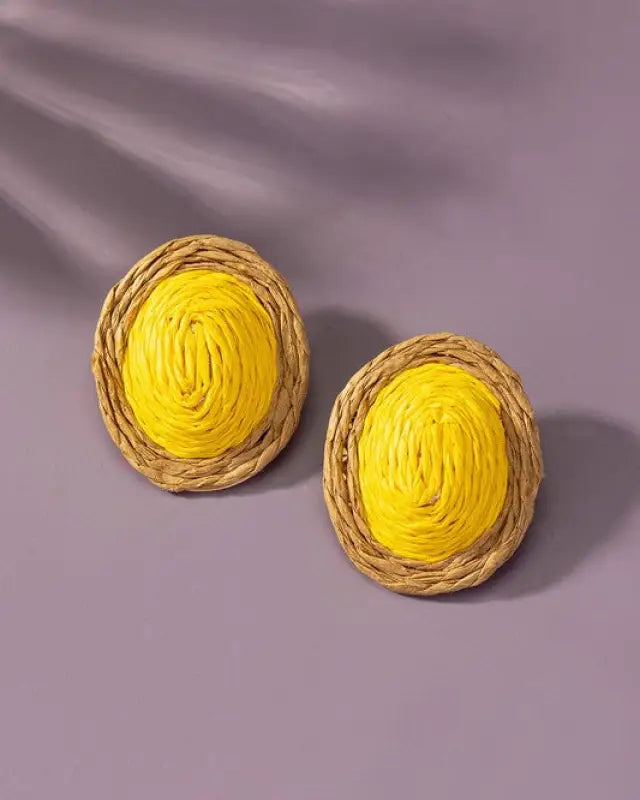 Raffia Straw Button Stud Earrings