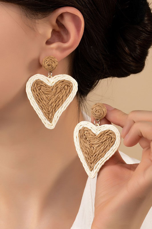 Raffia straw two tone heart drop earrings - Rings