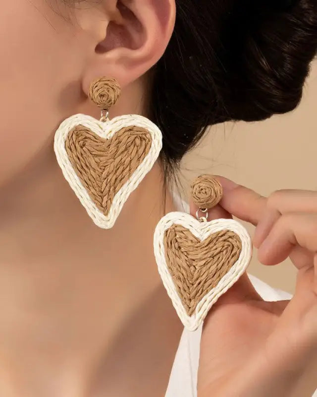 Raffia straw two tone heart drop earrings - Rings