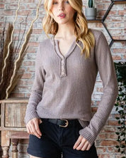 Reborn J Waffle Knit Notched Long Sleeve Top