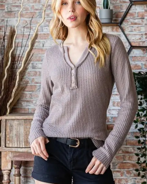 Reborn J Waffle Knit Notched Long Sleeve Top