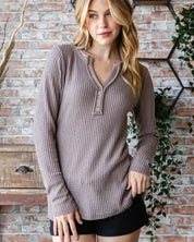 Reborn J Waffle Knit Notched Long Sleeve Top