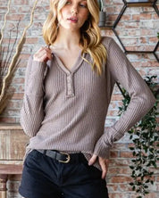 Reborn J Waffle Knit Notched Long Sleeve Top