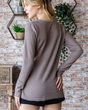 Reborn J Waffle Knit Notched Long Sleeve Top