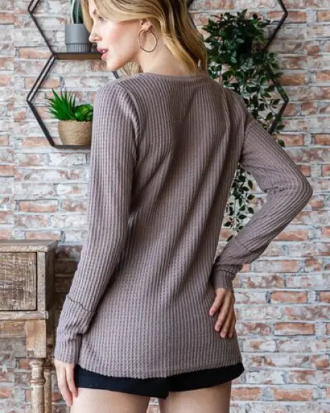 Reborn J Waffle Knit Notched Long Sleeve Top