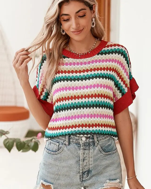 Red Pink Green stripe ruffle short sleeve knit top