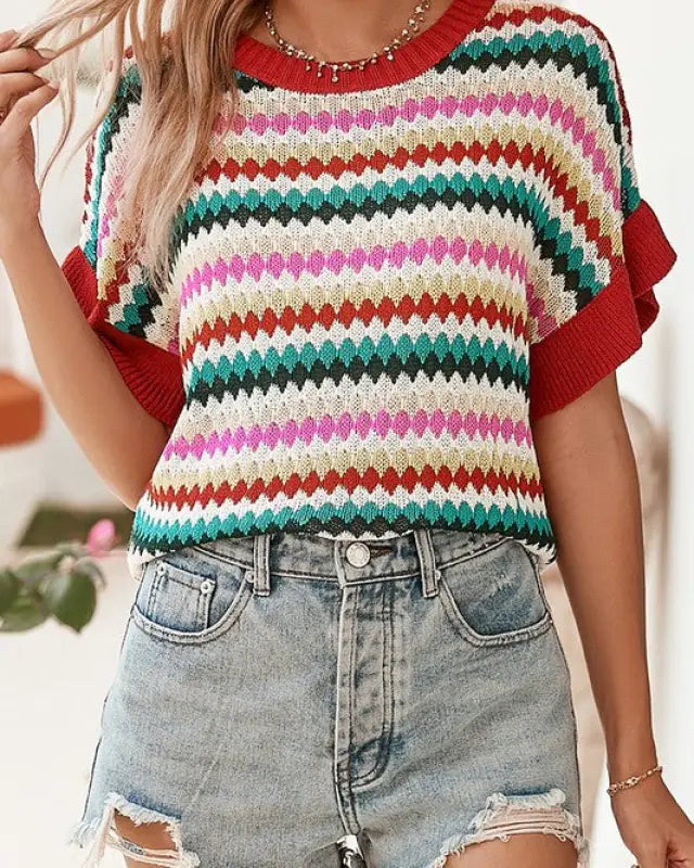 Red Pink Green stripe ruffle short sleeve knit top