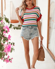 Red Pink Green stripe ruffle short sleeve knit top