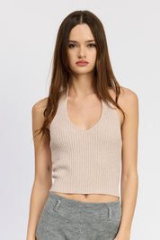 RIBBED HALTER NECK TOP - TAUPE / S