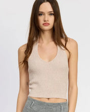 RIBBED HALTER NECK TOP - TAUPE / S