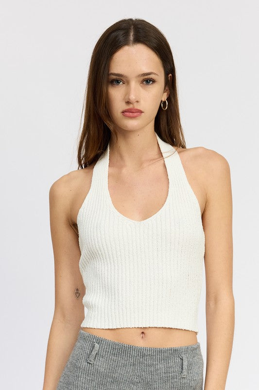 RIBBED HALTER NECK TOP - WHITE / S