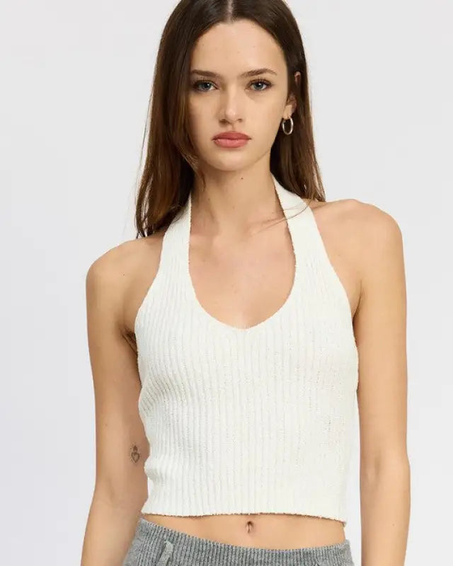 RIBBED HALTER NECK TOP - WHITE / S