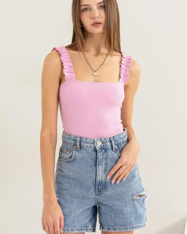 Ribbed Ruffle Strap Bodysuit