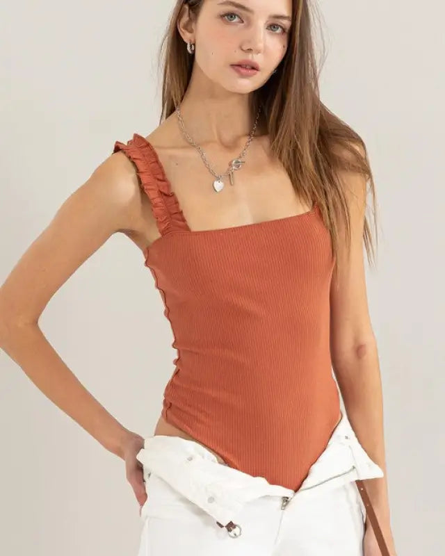 Ribbed Ruffle Strap Bodysuit - BAKED CLAY / S