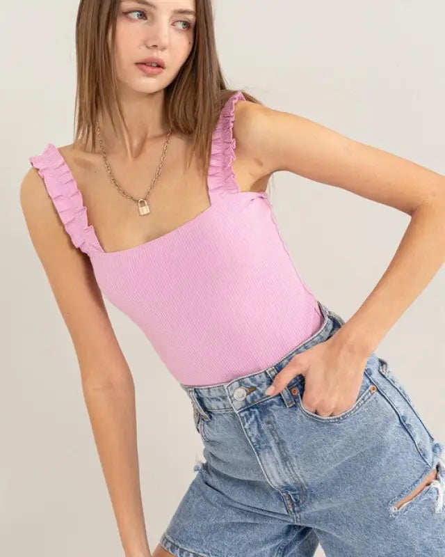 Ribbed Ruffle Strap Bodysuit - PINK / S