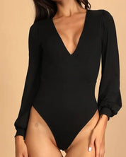 Romantic V-Neck Balloon Sleeve Tie-Back Bodysuit - Black / L