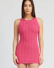 ROUND NECK FITTED MINI DRESS - FUCHSIA / S