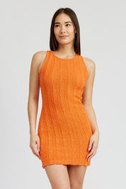 ROUND NECK FITTED MINI DRESS - ORANGE / S