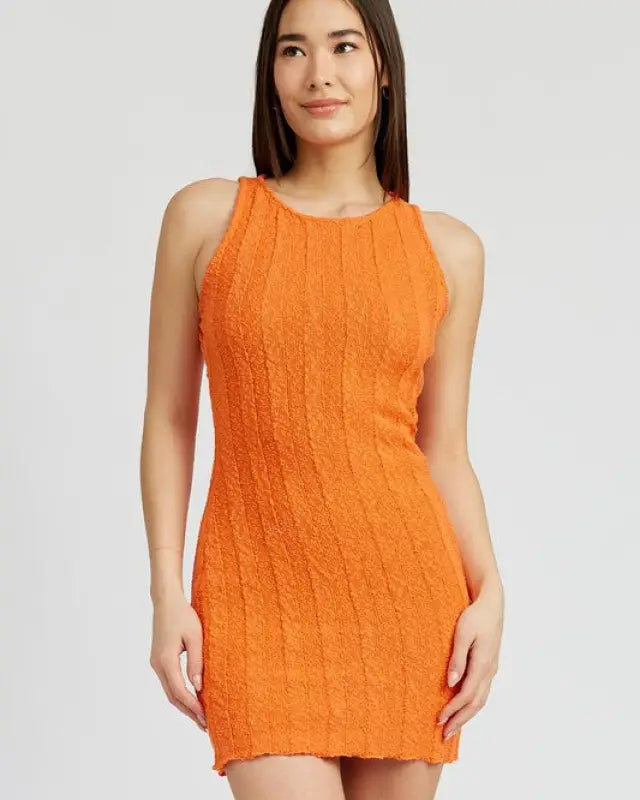 ROUND NECK FITTED MINI DRESS - ORANGE / S