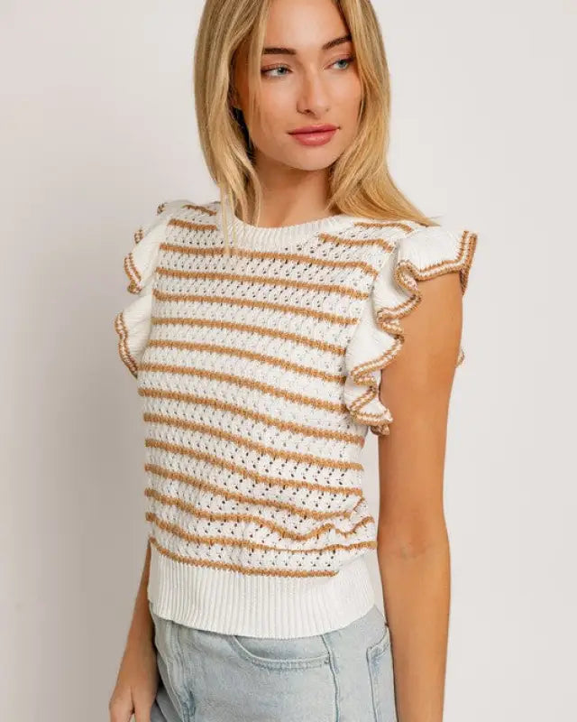 Round Neck Ruffle Sleeve Stripe Knit Top