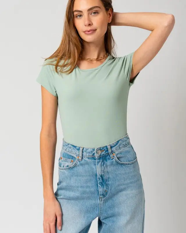 Round Neck Short Sleeve Bodysuit - Sage / S