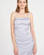 RUCHED SATIN SPAGHETTI STRAP MINI DRESS - Lilac / S - Dresses