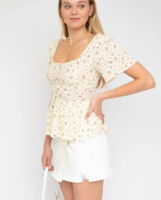 S/S Button Down Back Smocking Ditsy Print Top