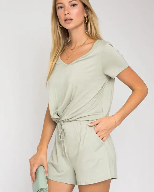 S/S V-Neck Front Overlap Romper