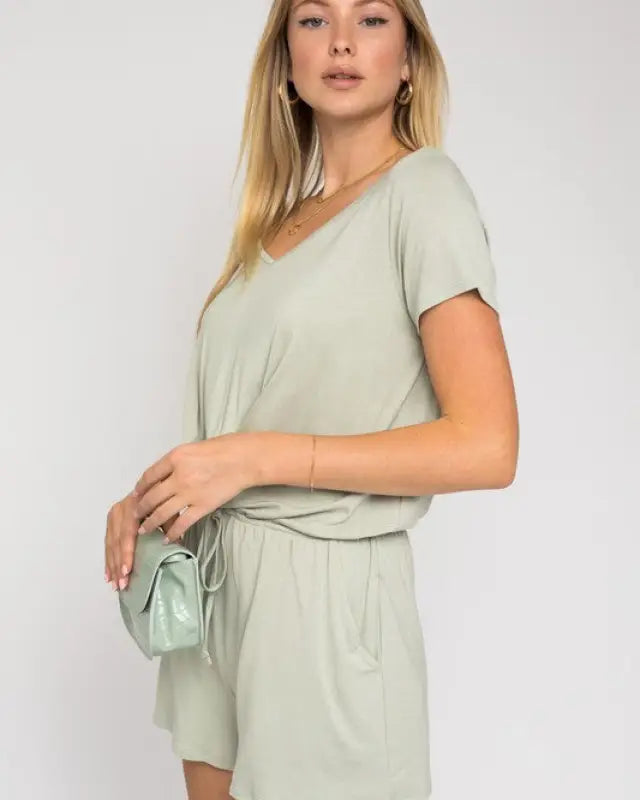 S/S V-Neck Front Overlap Romper