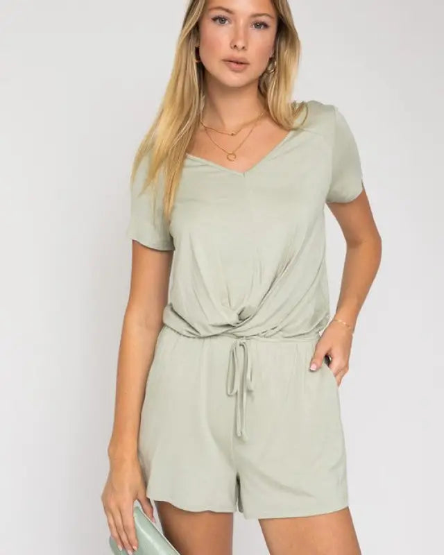 S/S V-Neck Front Overlap Romper