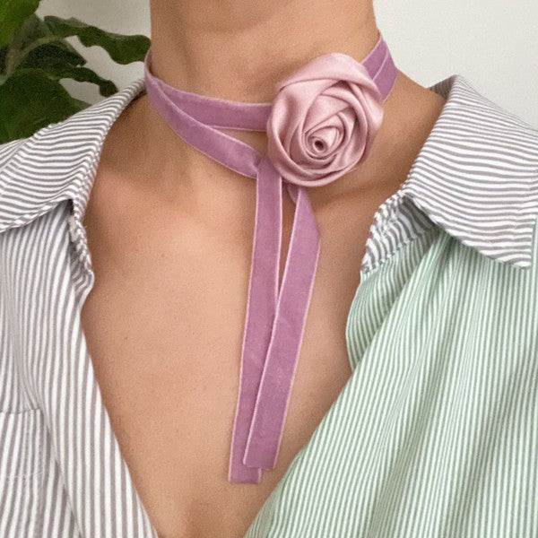 Satin And Velvet Rose Choker Tie Necklace