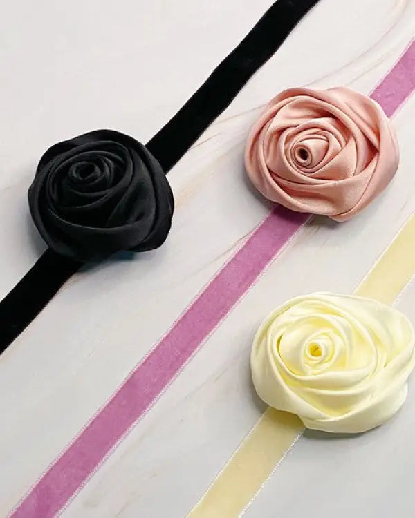 Satin And Velvet Rose Choker Tie Necklace