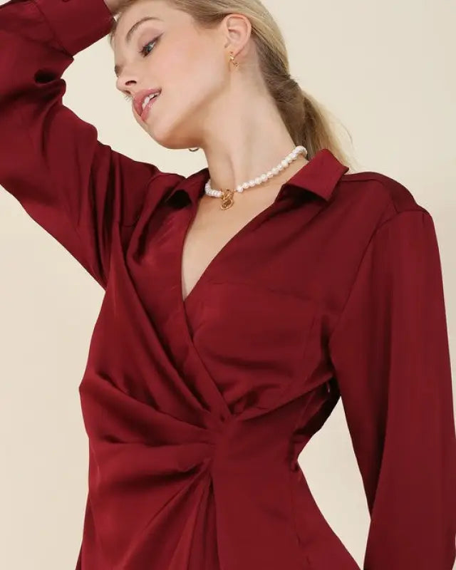 Satin Collared Wrap Mini Dress