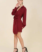 Satin Collared Wrap Mini Dress