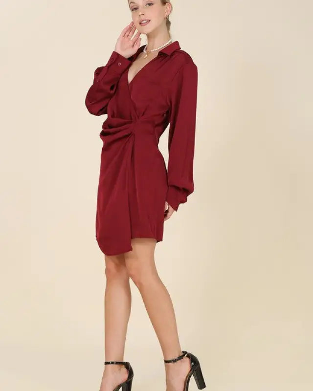 Satin Collared Wrap Mini Dress