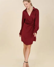 Satin Collared Wrap Mini Dress