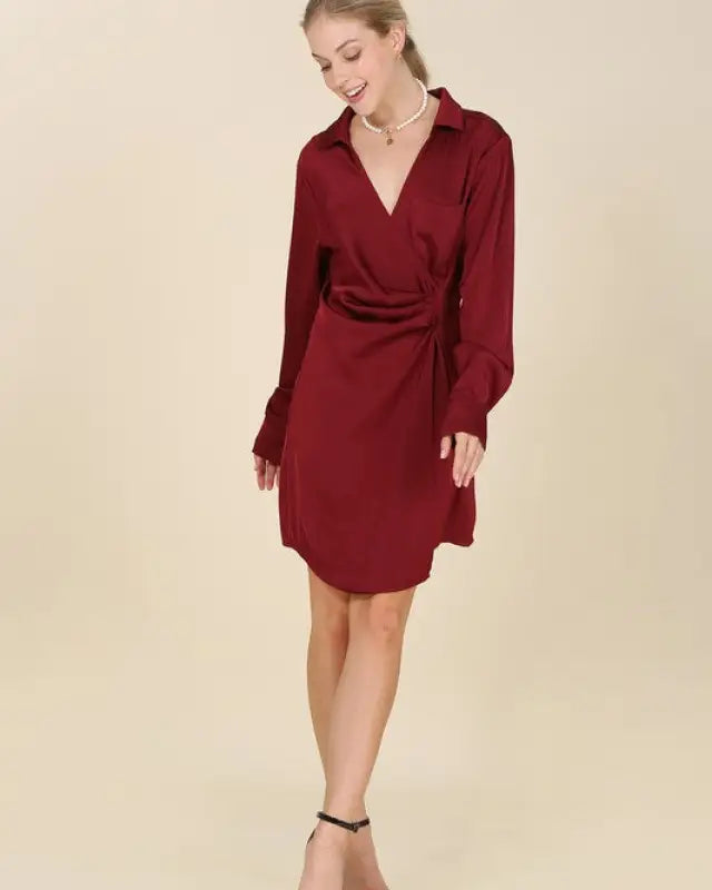 Satin Collared Wrap Mini Dress