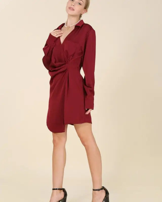 Satin Collared Wrap Mini Dress