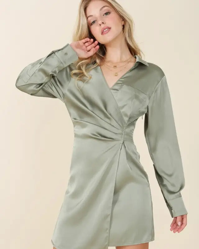 Satin Collared Wrap Mini Dress