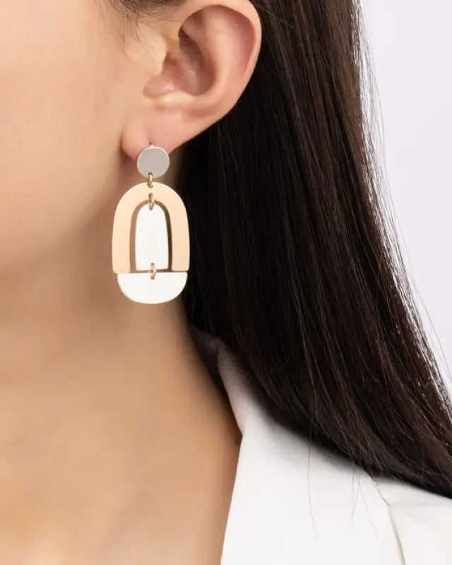 Satin Surface Two Tone Geo Shape Drop Earrings