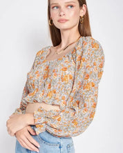 SCOOP NECK FLORAL TOP WITH RUFFLE DETAIL