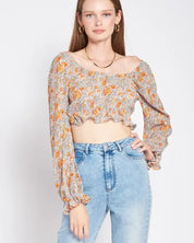 SCOOP NECK FLORAL TOP WITH RUFFLE DETAIL - ORANGE / S