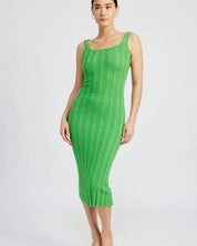 SCOOP NECK RIBBED MIDI DRESS - Green / S - Dresses