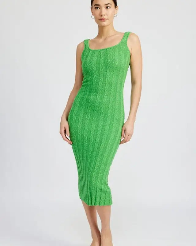 SCOOP NECK RIBBED MIDI DRESS - Green / S - Dresses