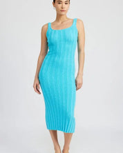 SCOOP NECK RIBBED MIDI DRESS - Turquoise / S - Dresses