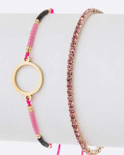 Seed Beads String Rhinestone Bracelet Set - GOLD/PINK / O/S