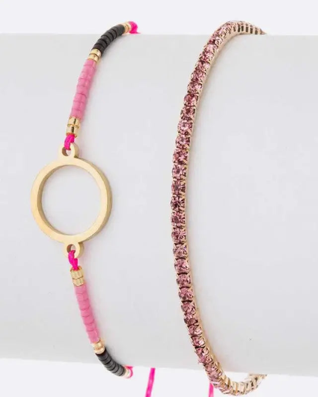 Seed Beads String Rhinestone Bracelet Set - GOLD/PINK / O/S