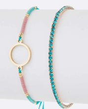 Seed Beads String Rhinestone Bracelet Set - Gold/Turquoise / O/S